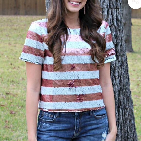 Sequin Striped Crop Top Small GIDDY UP GLAMOUR NWT - Picture 2 of 9
